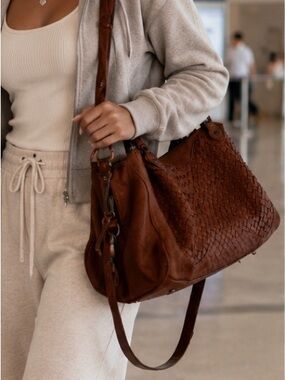 Italian Leather Woven Satchel Bag in Brown